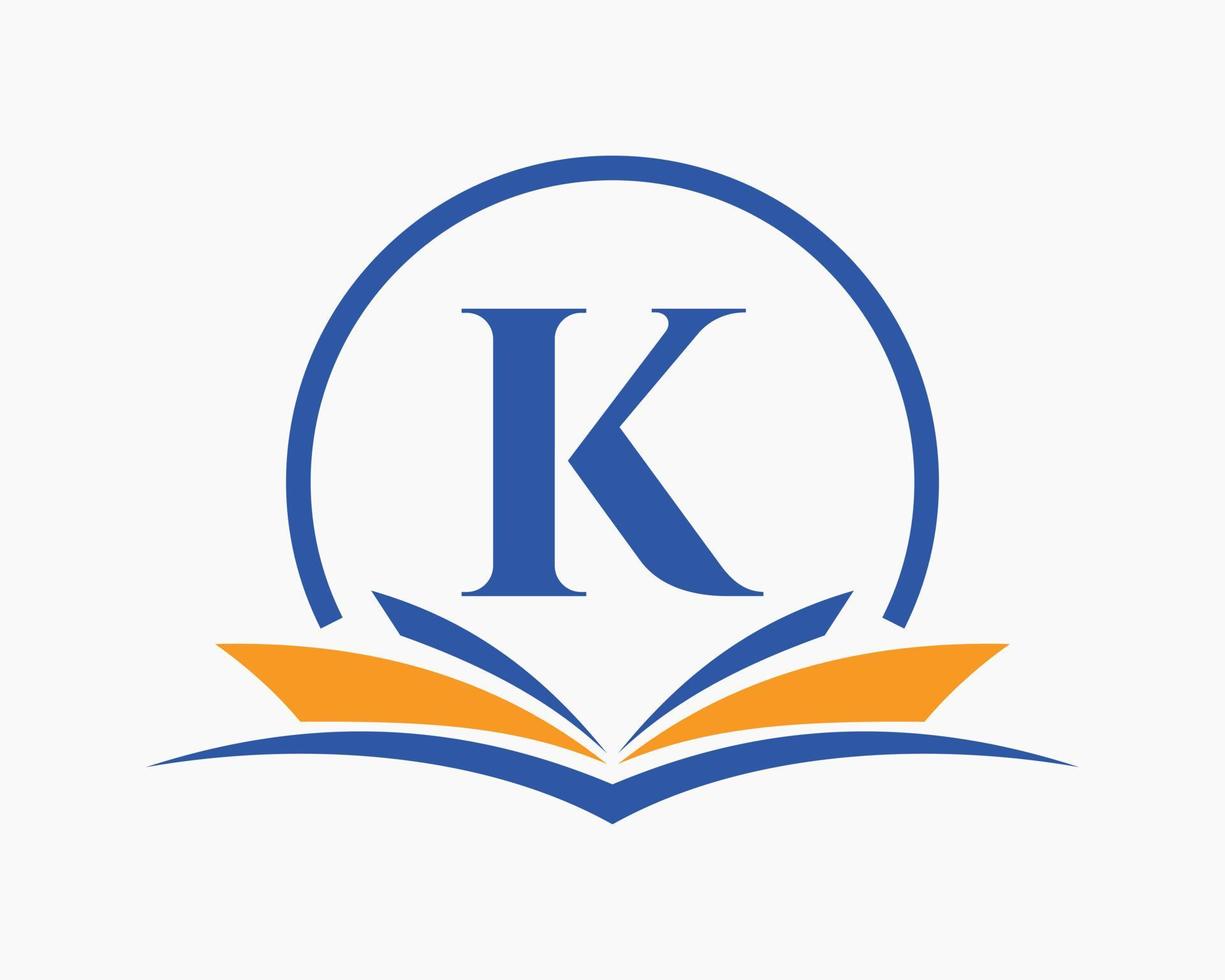 conceito de livro de logotipo de educação de letra k. sinal de carreira de treinamento, universidade, design de modelo de logotipo de formatura da academia vetor