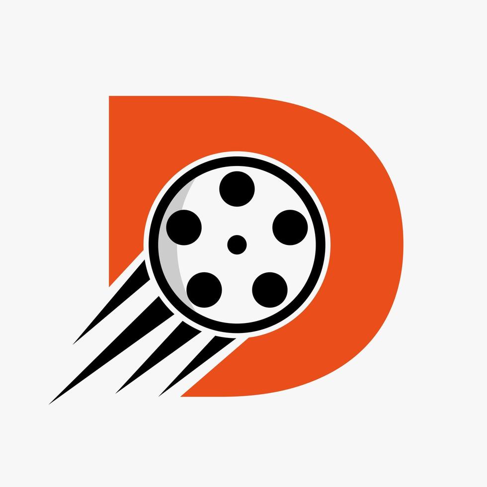 conceito de logotipo de filme letra d com bobina de filme para sinal de mídia, modelo de vetor de símbolo de diretor de cinema