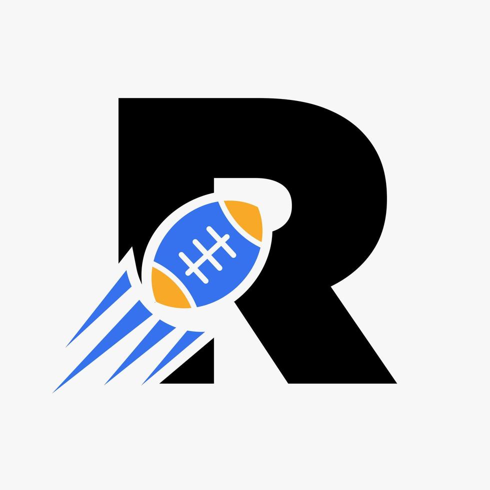conceito de logotipo de rugby de letra r com ícone de bola de rugby em movimento. modelo de vetor de símbolo de logotipo de esportes de rugby