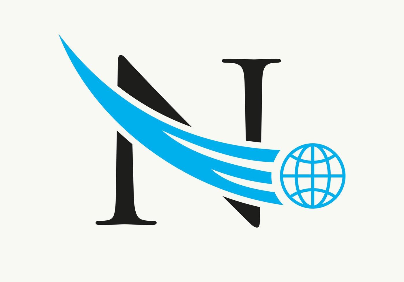 conceito de logotipo do mundo letra n com modelo de vetor de ícone global em movimento