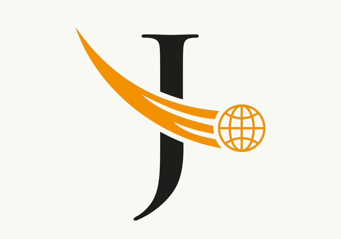 conceito de logotipo do mundo da letra j com modelo de vetor de ícone global em movimento