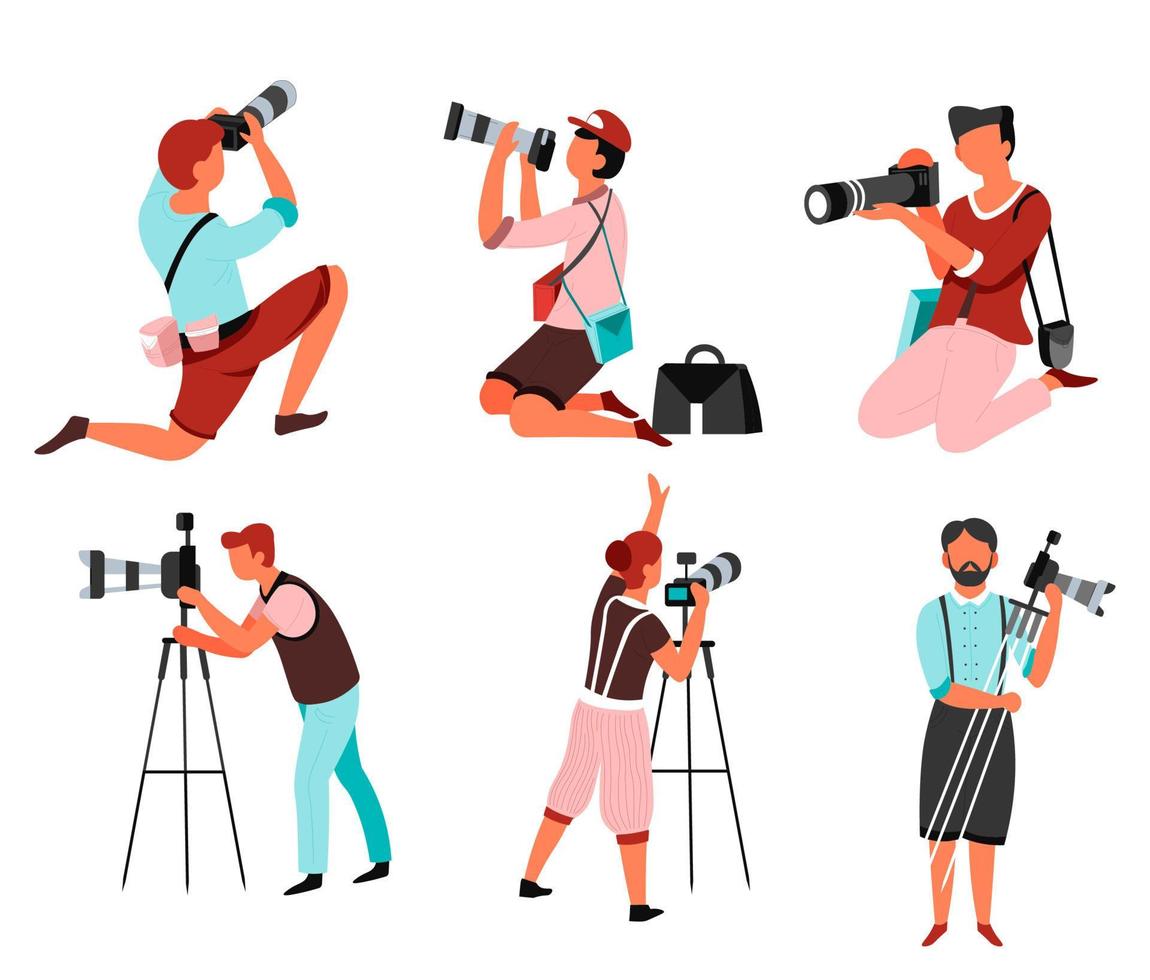 câmera fotográfica e fotógrafos homens e mulheres com vetor de personagens masculinos e femininos isolados