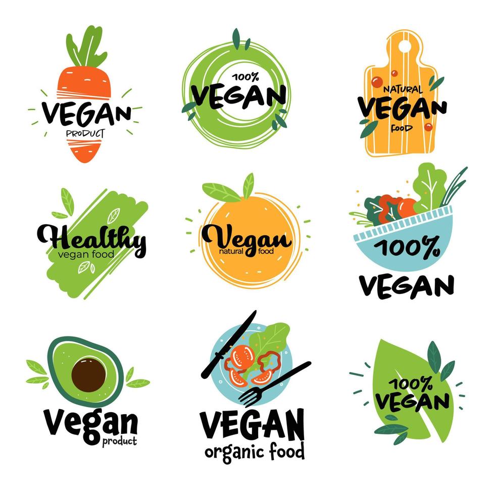 rótulos e emblemas de menu de comida vegana e vegetariana vetor