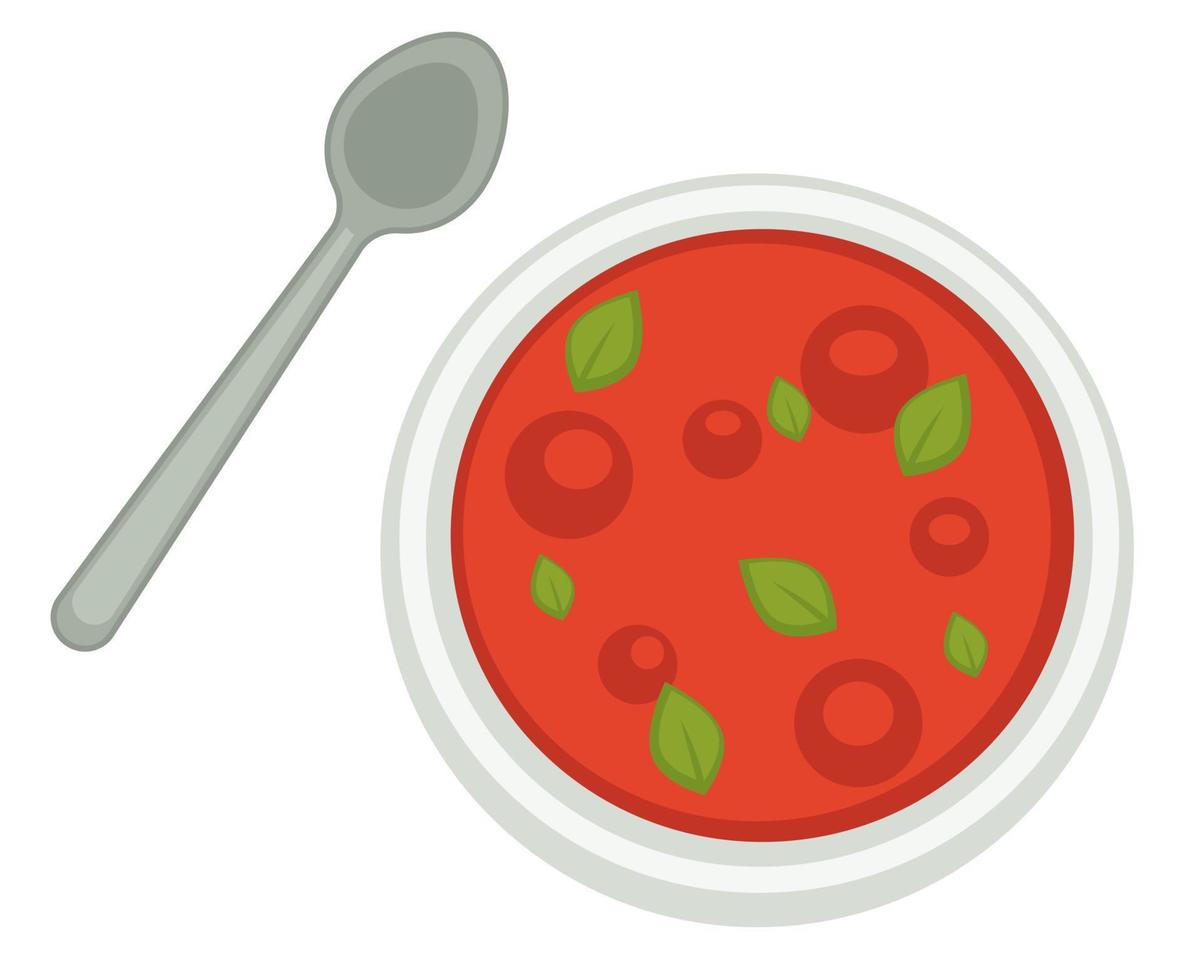 gaspacho ou sopa de tomate cozido com folhas de manjericão vetor