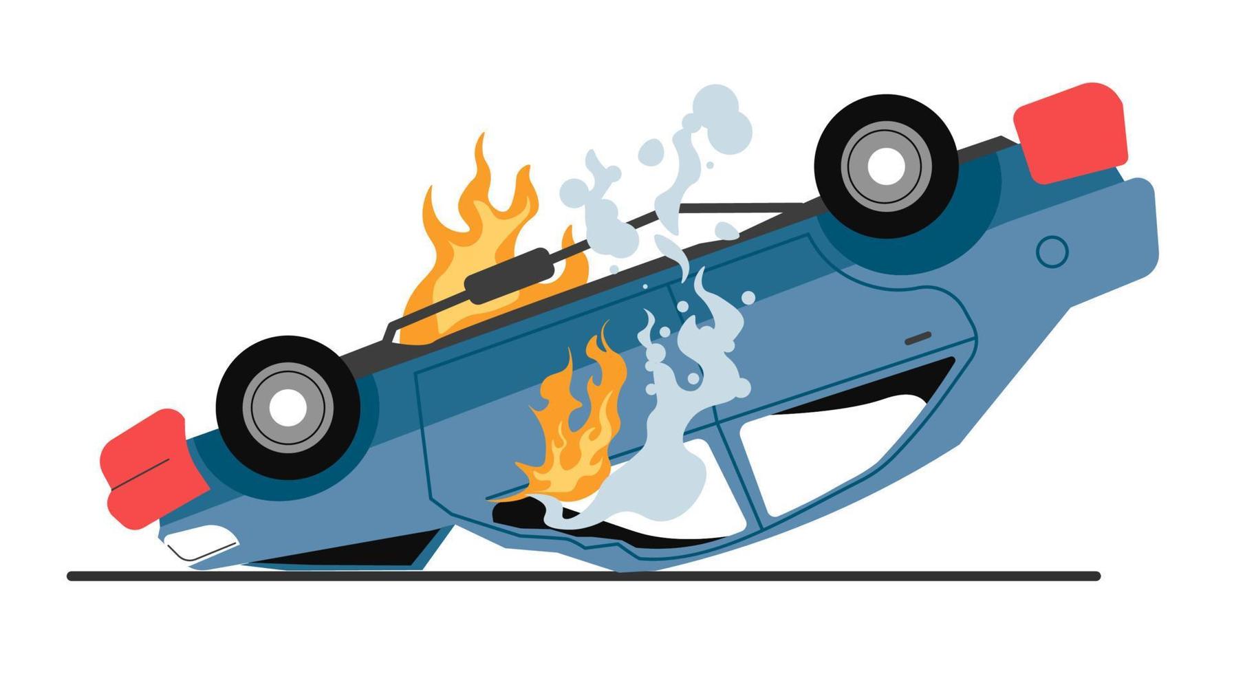 carro em chamas com corpo danificado, acidente de trânsito ou quebra vetor