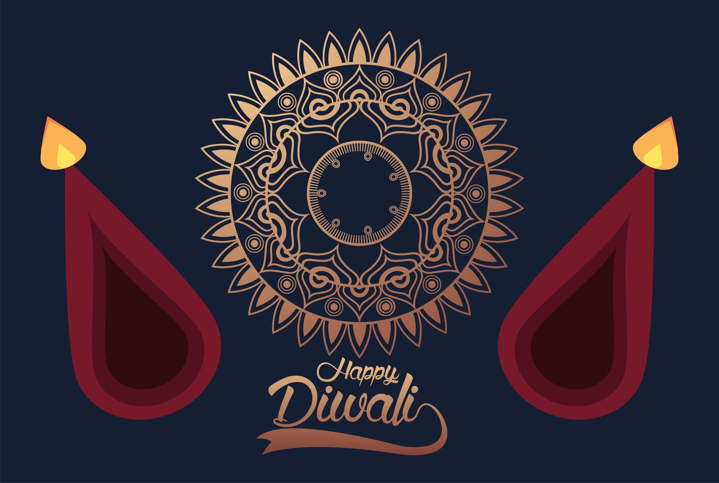 feliz celebração diwali com duas velas e mandala dourada vetor