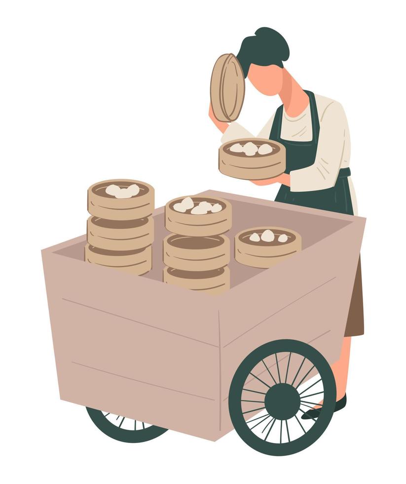 cozinha chinesa, vendedor com bolinhos caseiros no carrinho vetor