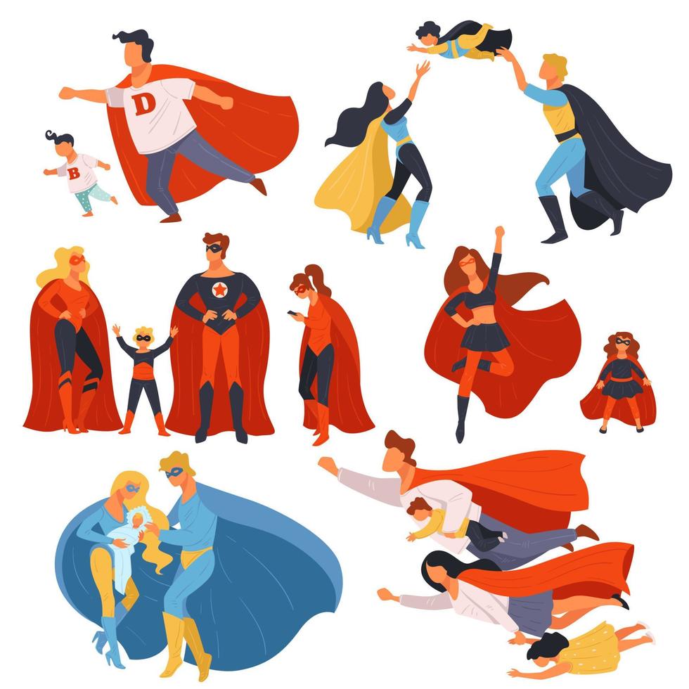 família de super-heróis, pais e filhos com vetor de poderes