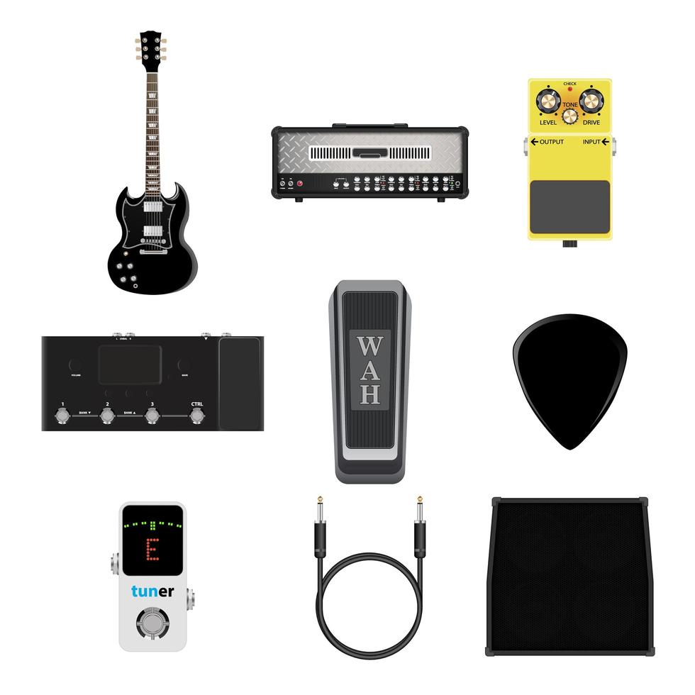 ícone de instrumentos musicais, guitarra, amplificador, conjunto de tomadas de cabo de sinal vetor