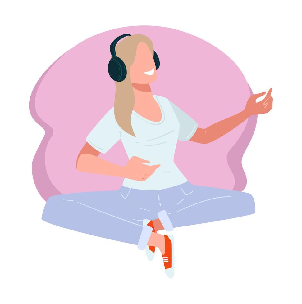mulher usando fones de ouvido ouvindo vetor de música positiva