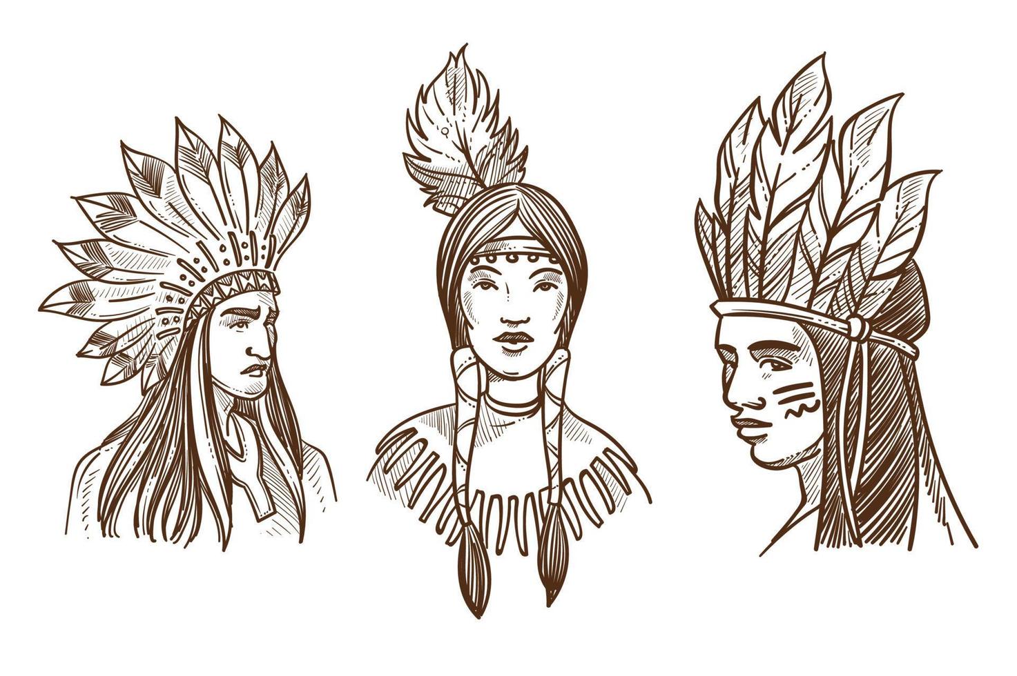 retratos de esboço isolados de nativos americanos de índios vetor