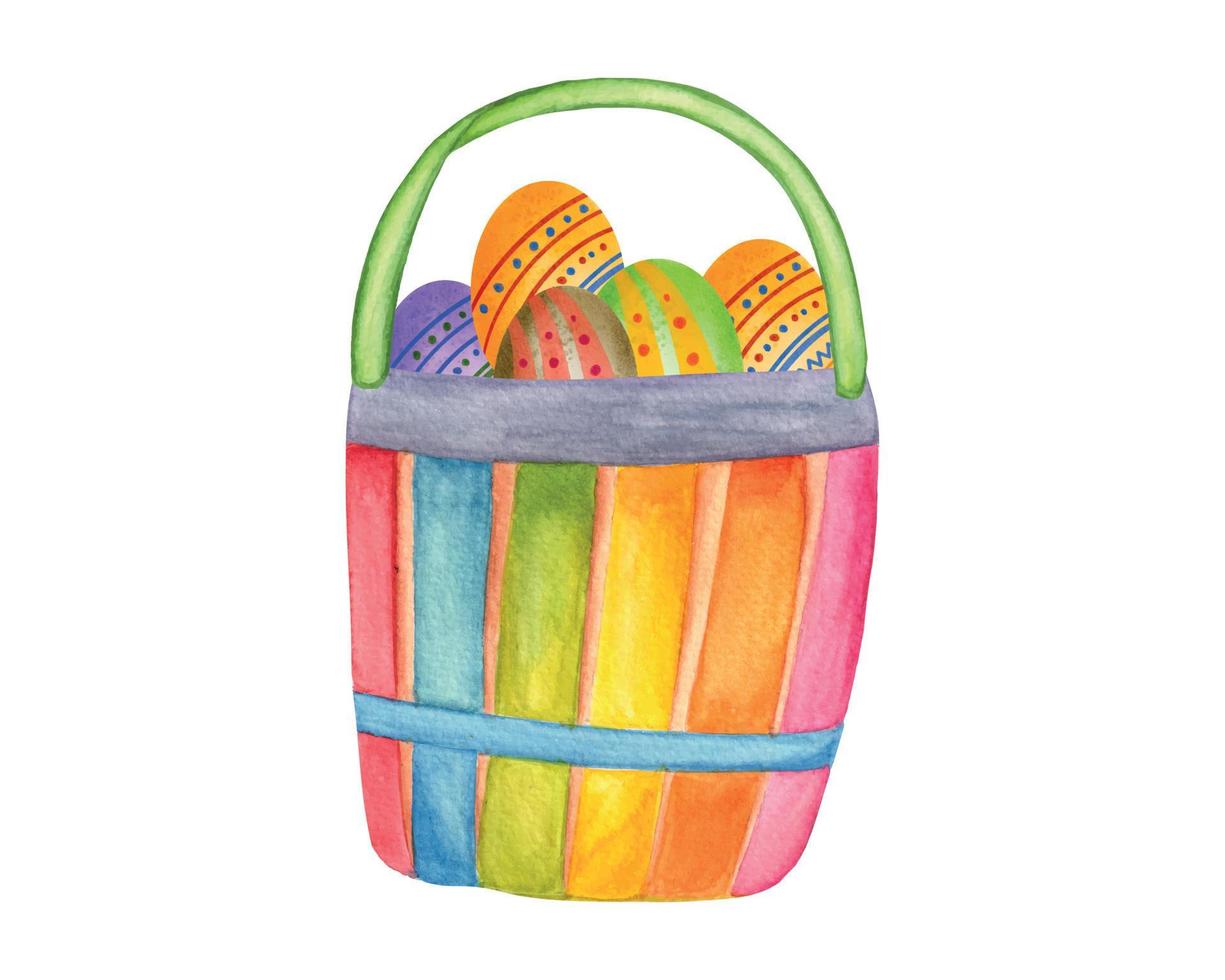 cesta de páscoa em aquarela com ovos de páscoa vetor