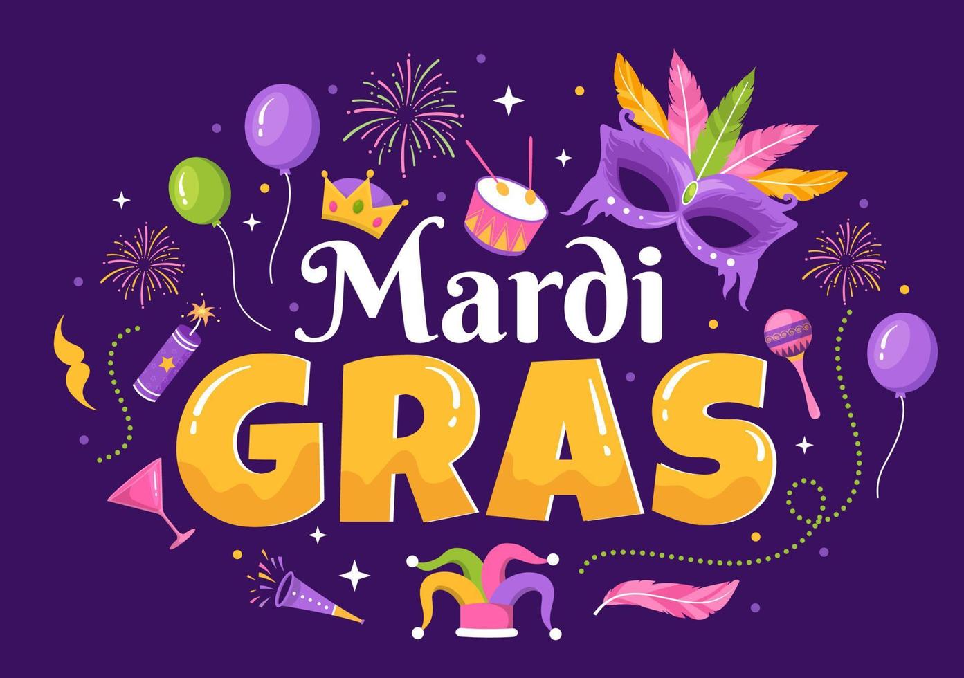 ilustração de festa de carnaval de mardi gras com máscara, penas e festival de itens para banner da web ou página de destino em modelos desenhados à mão de desenhos animados planos vetor