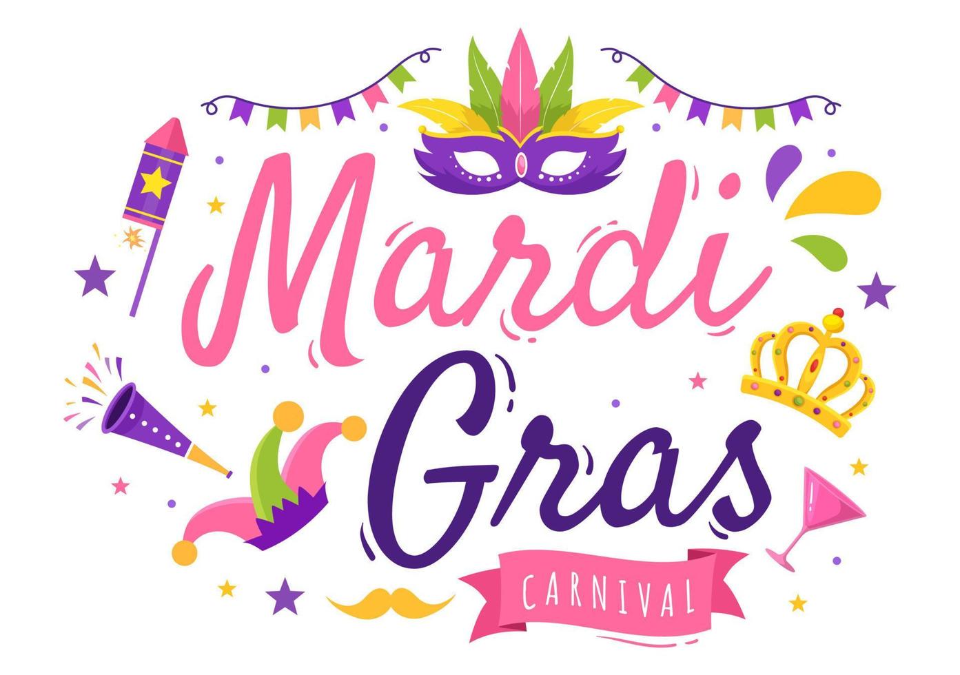 ilustração de festa de carnaval de mardi gras com máscara, penas e festival de itens para banner da web ou página de destino em modelos desenhados à mão de desenhos animados planos vetor