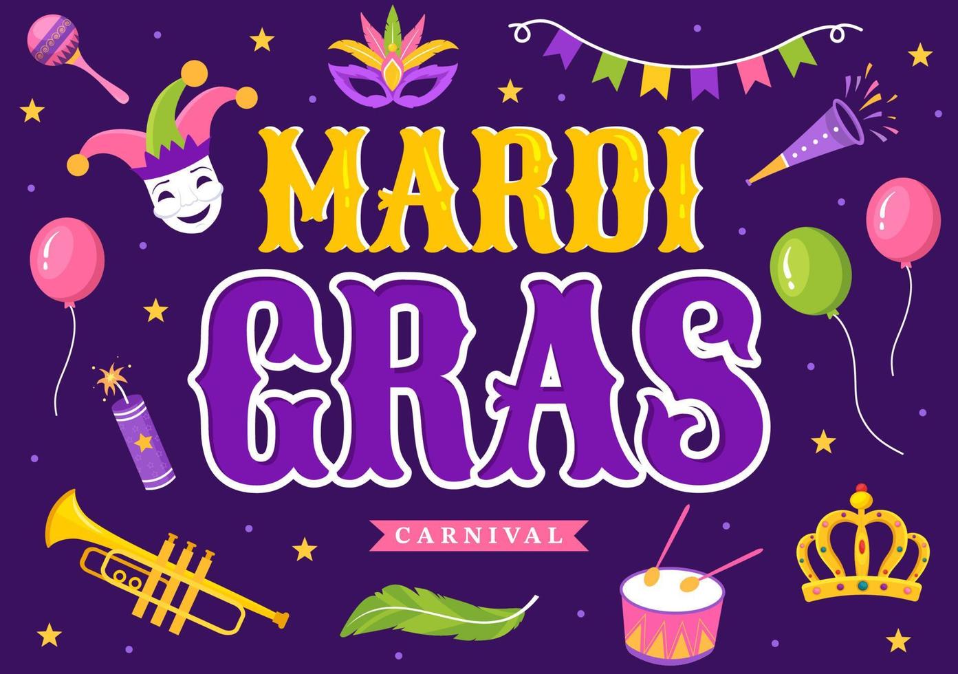 ilustração de festa de carnaval de mardi gras com máscara, penas e festival de itens para banner da web ou página de destino em modelos desenhados à mão de desenhos animados planos vetor