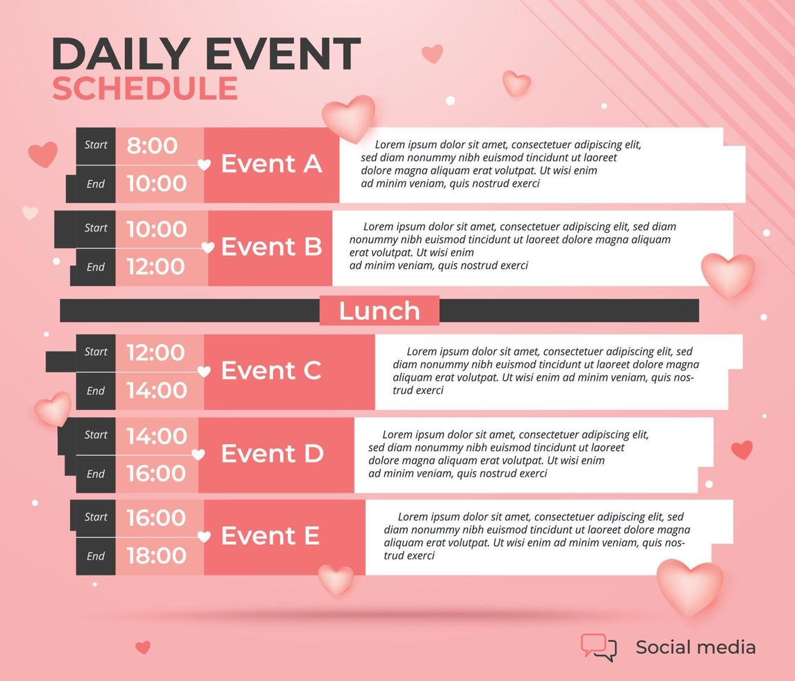 próximo modelo de cartaz de folheto de programação de eventos diários. vetor