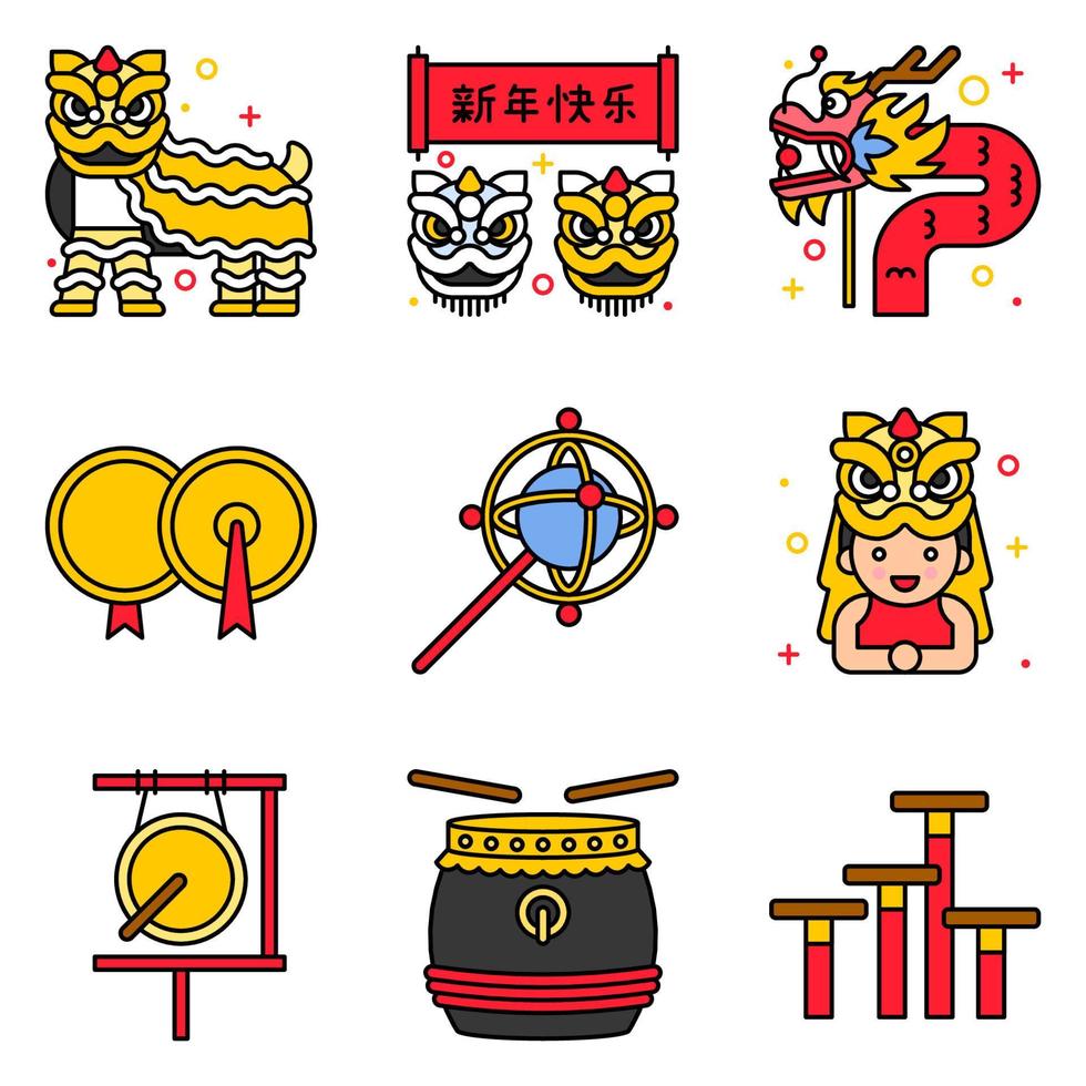 conjunto de ícones vetoriais relacionados à dança do leão 3 vetor