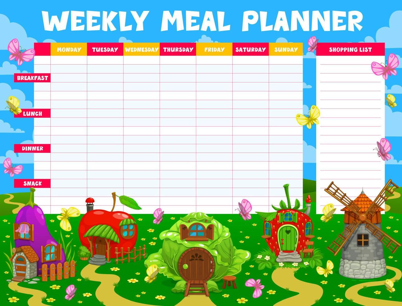 planejador de refeições semanais, vetor de casas mágicas de conto de fadas