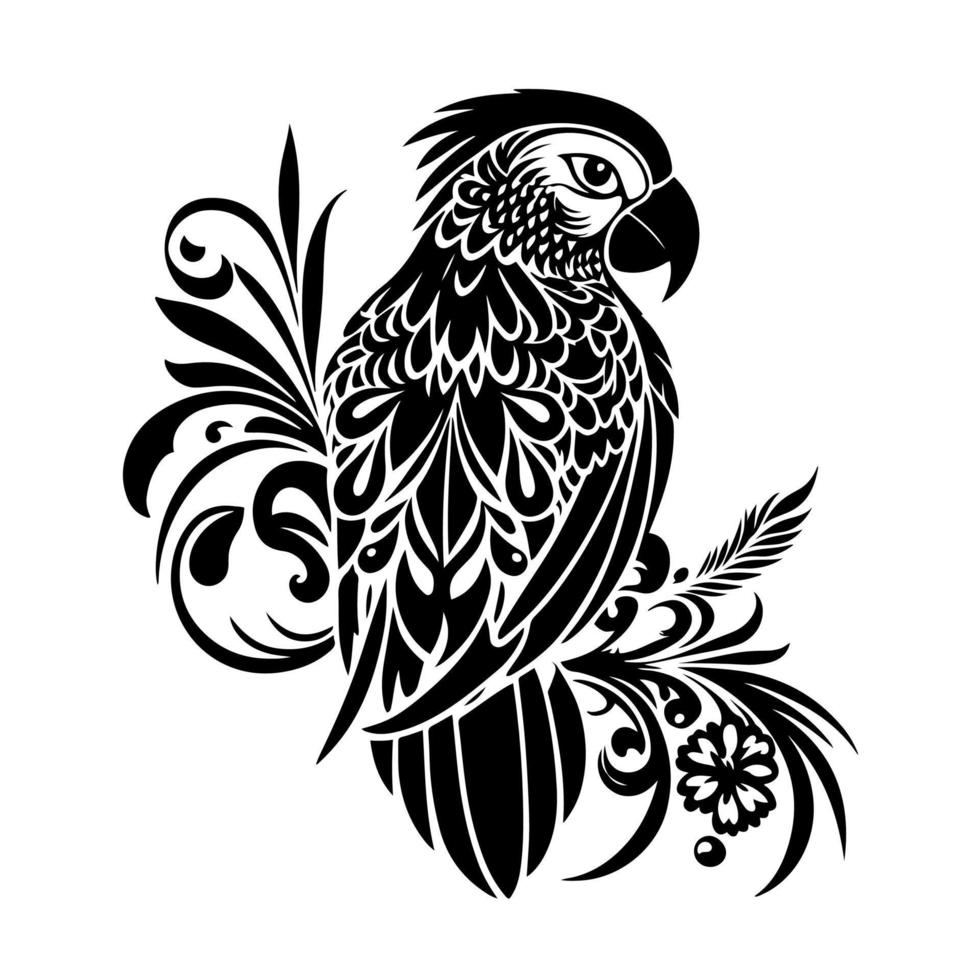 papagaio cacatua ornamentado sentado em um galho. design tribal para logotipo, emblema, tatuagem, bordado, corte a laser, sublimação. vetor