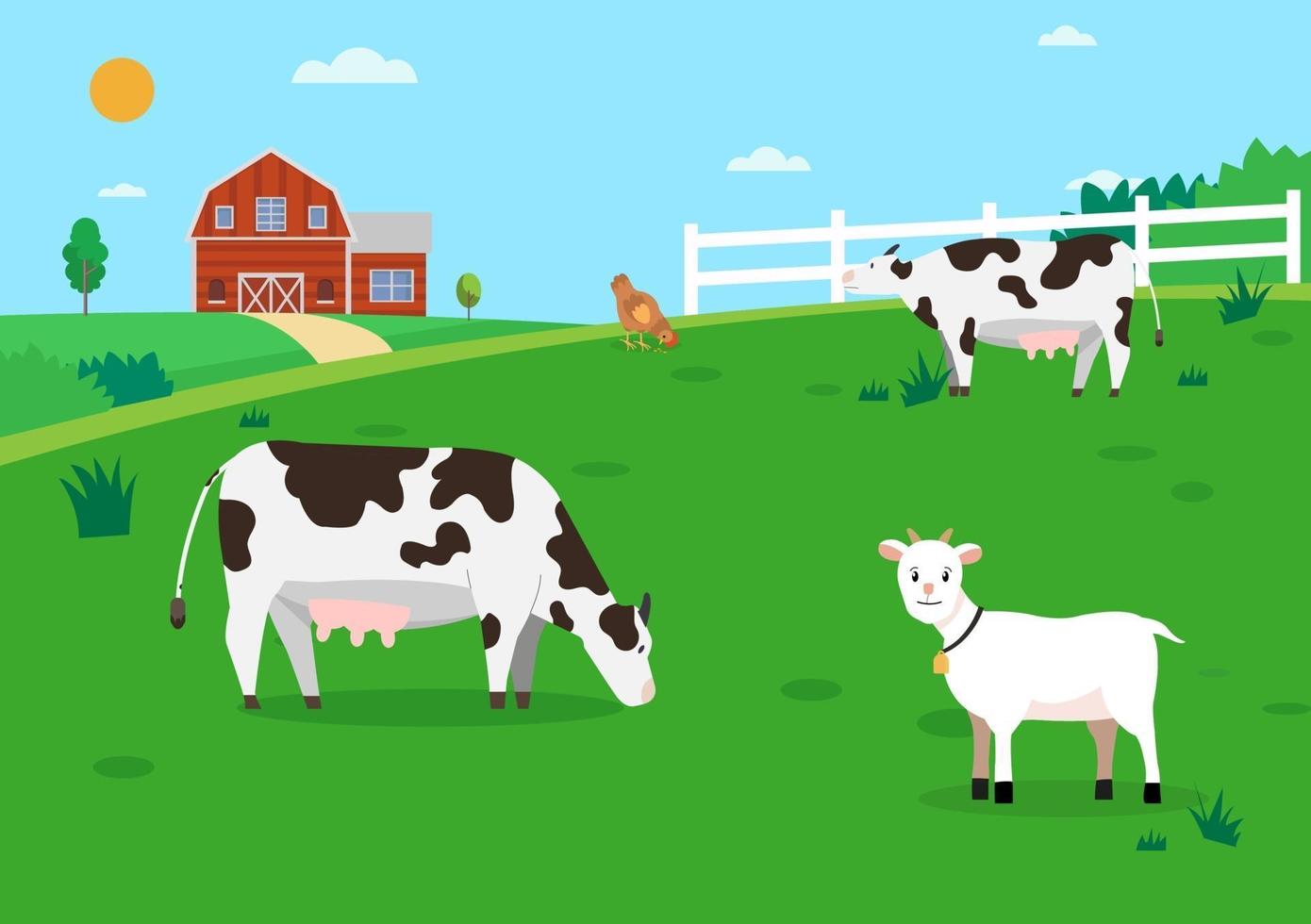 fazenda natural com animais. terras agrícolas com vacas e galinhas. design plano de cena de fazenda rural. eco fazenda com animais. vetor