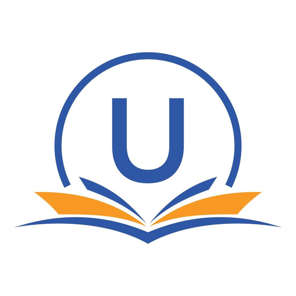 conceito de livro de logotipo de educação de letra u. sinal de carreira de treinamento, universidade, design de modelo de logotipo de formatura da academia vetor