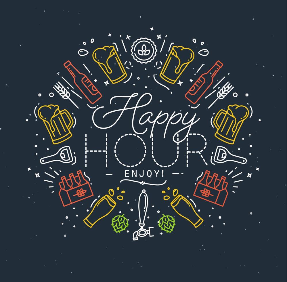 monograma de álcool em letras de estilo plano happy hour gosta de desenhar com linhas coloridas em fundo escuro vetor