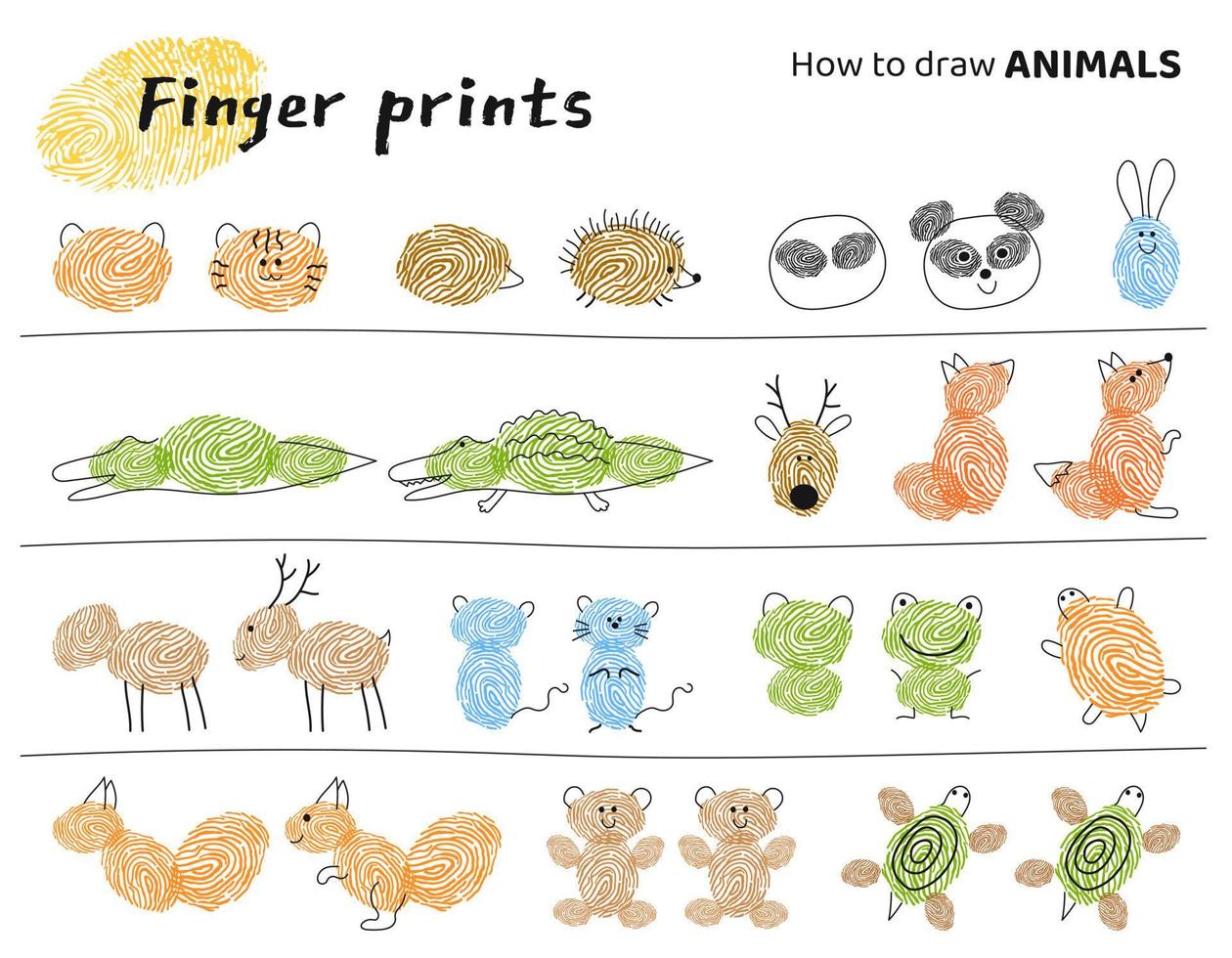 Modelos de arte de impressões digitais para pinturas infantis etapas  educação para fotos infantis de insetos ilustrações de jogos engraçados  vetoriais recentes