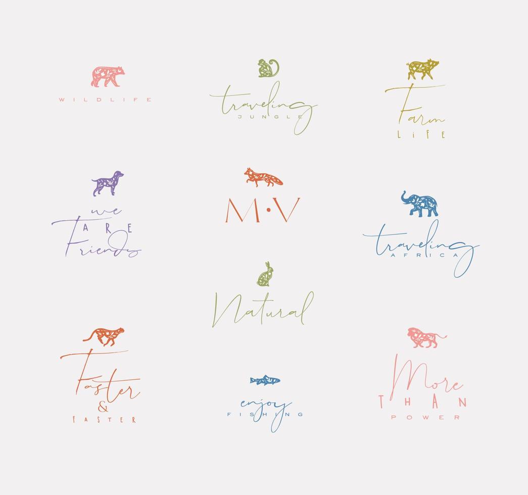 conjunto de animais mini sinais gráficos florais urso, peixe, macaco, raposa, porco, cachorro, coelho, elefante, chita, leão com desenho de letras com cor sobre fundo sujo vetor
