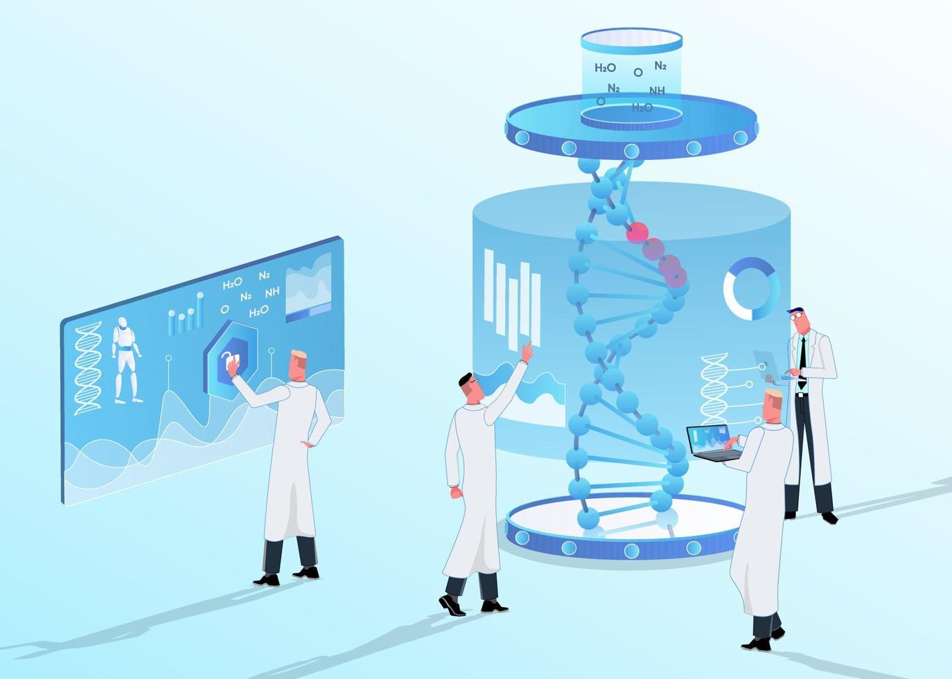 os cientistas realizam a análise genética do dna no laboratório. em torno de gráficos inovadores e tecnologia vetor