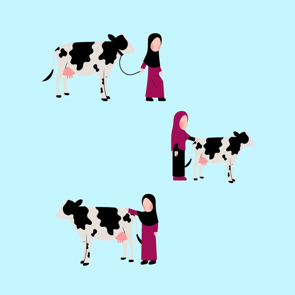 garoto hijab com ilustração de vaca vetor
