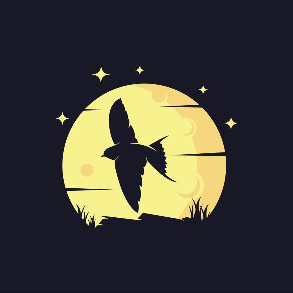 silhueta de pássaro voador com modelos de design de logotipo de fundo de lua vetor