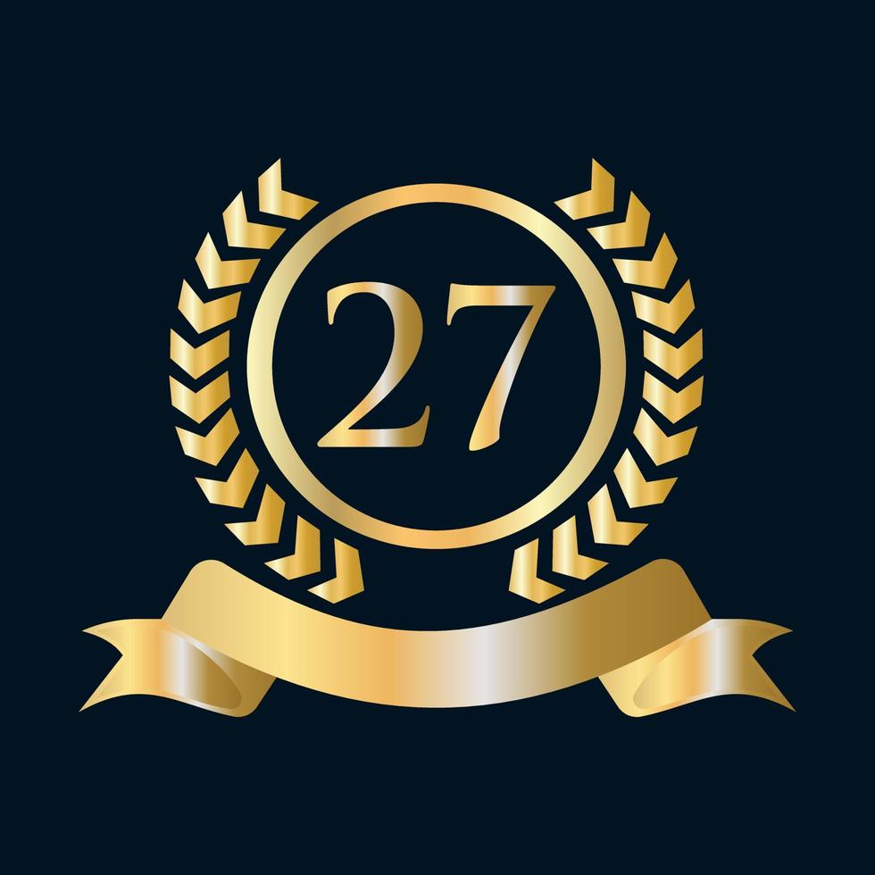 Ouro de celebração do 27º aniversário e modelo preto. elemento de logotipo de crista heráldica de ouro de estilo luxuoso vetor de louro vintage