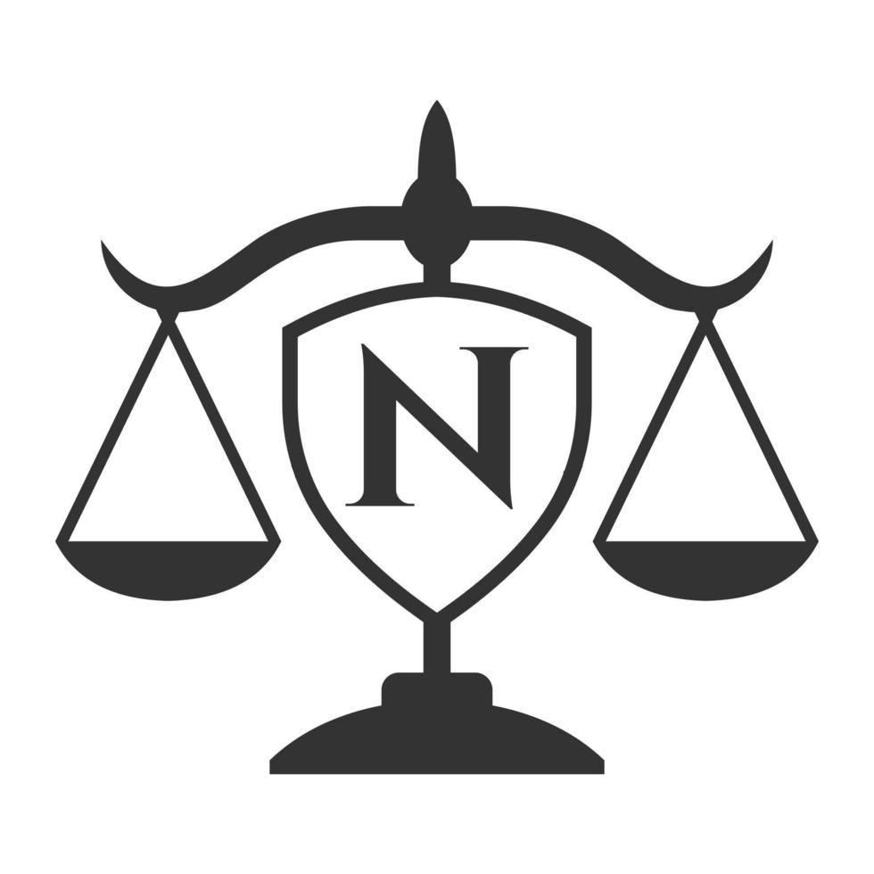 design de logotipo de escritório de advocacia na letra n com sinal de escudo. logotipo jurídico, advogado e justiça, advogado jurídico, jurídico, serviço de advogado, escritório de advocacia, modelo de logotipo de escala vetor