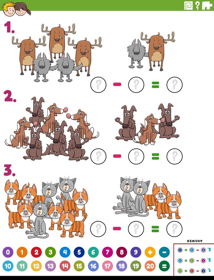 tarefa educacional de subtração matemática com animais em quadrinhos vetor