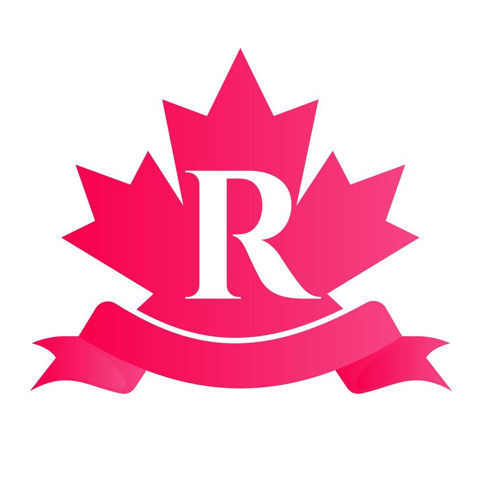 bordo vermelho canadense na letra r selo e fita. elemento de logotipo de crista heráldica de luxo vetor de louro vintage