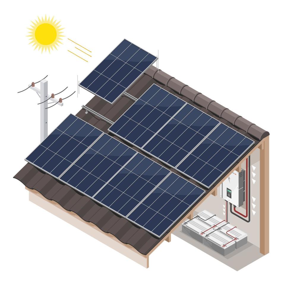 vetor de instalação doméstica de célula solar no telhado de uma casa mostra inversor e bateria no sistema de rede energia solar para economizar dinheiro ilustração isolada isométrica