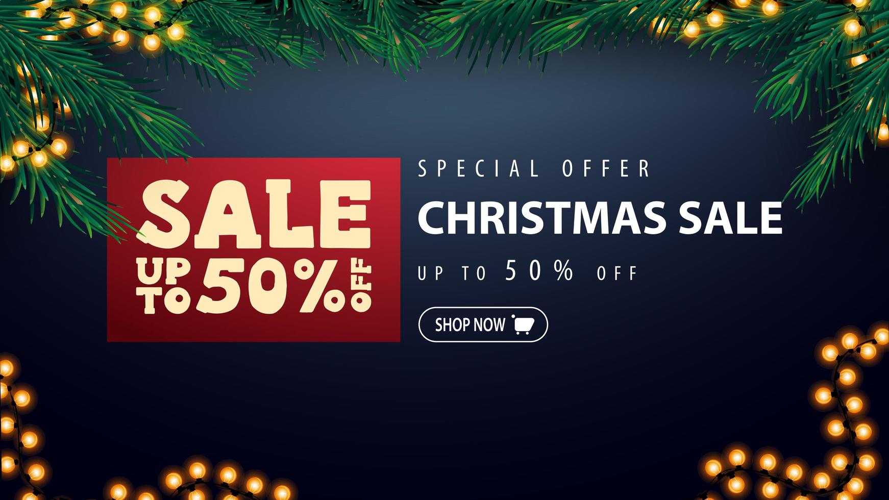 oferta especial, promoção de natal, desconto de até 50, banner azul de desconto com pricetag vermelho, guirlanda e moldura de galhos de árvores de natal vetor