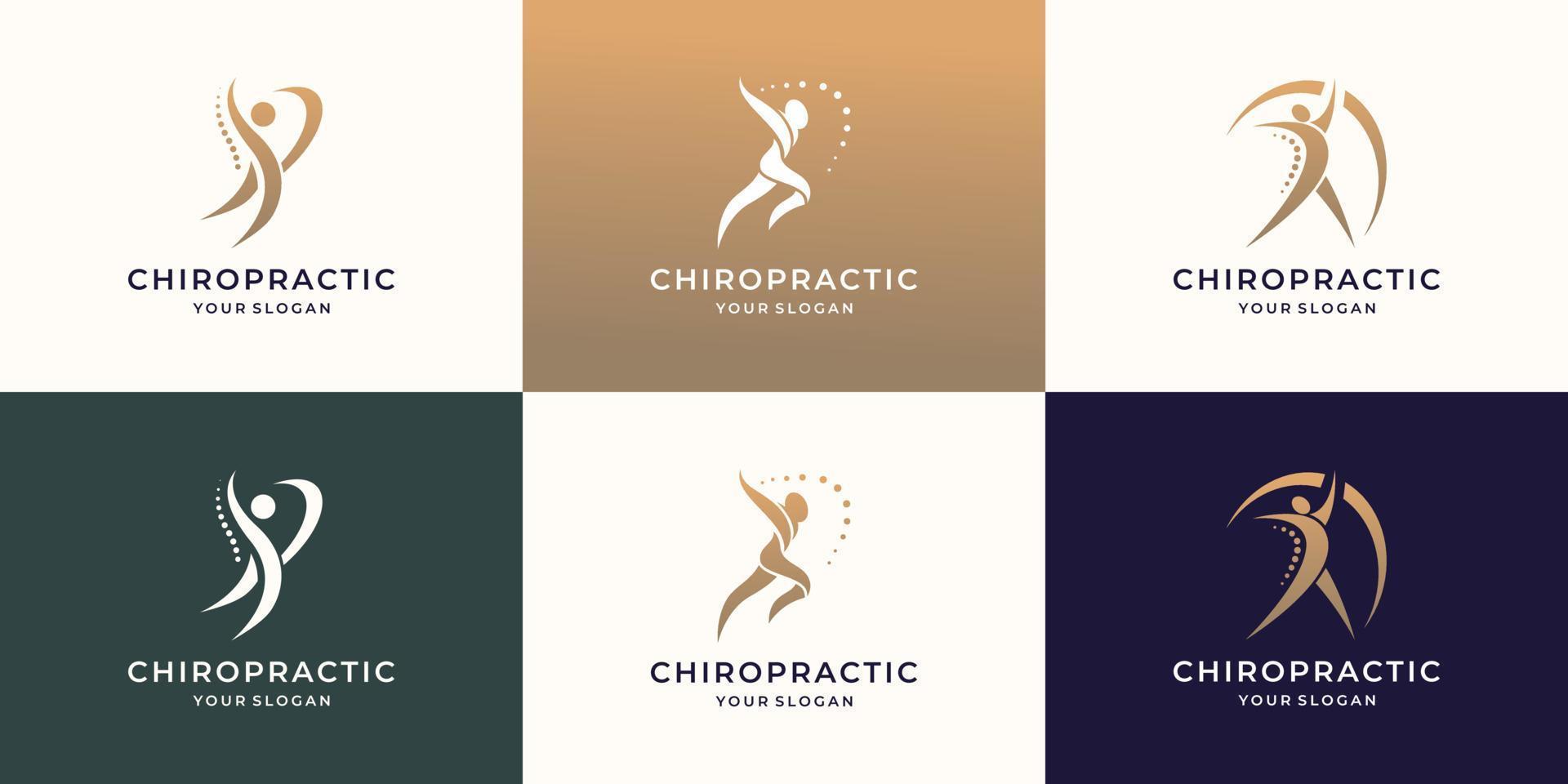 quiropraxia, massagem, dor nas costas e ícones de osteopatia definem a coleção de logotipos. vetor