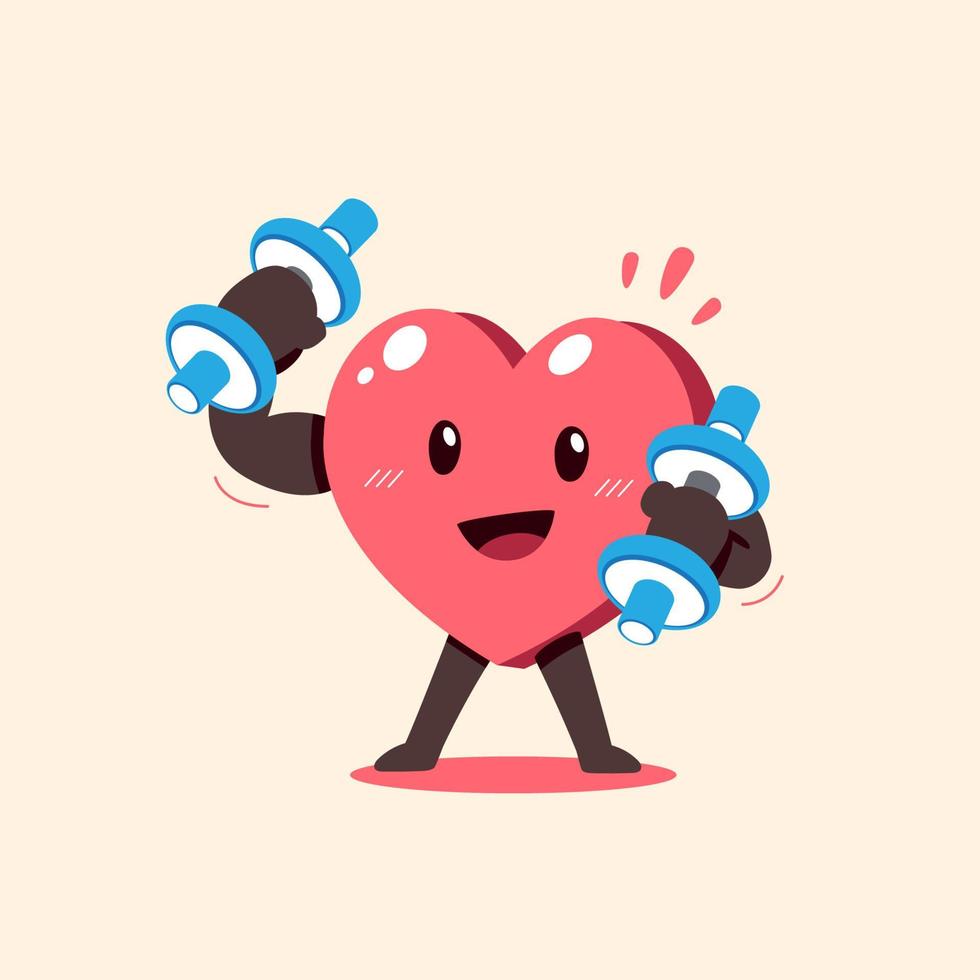 personagem de desenho animado de vetor de coração fazendo musculação