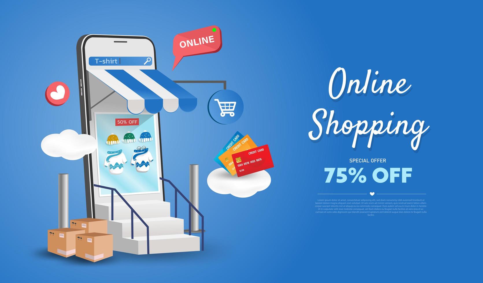 loja de compras online no design do site e do telefone móvel. conceito de marketing de negócios inteligentes. visão horizontal. ilustração vetorial. vetor