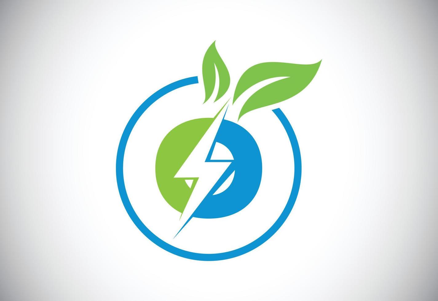 círculo de folha de raio de letra o inicial ou ícone de economia de energia ecológica. conceito de ícone de folha e raio para logotipo elétrico de energia natural vetor