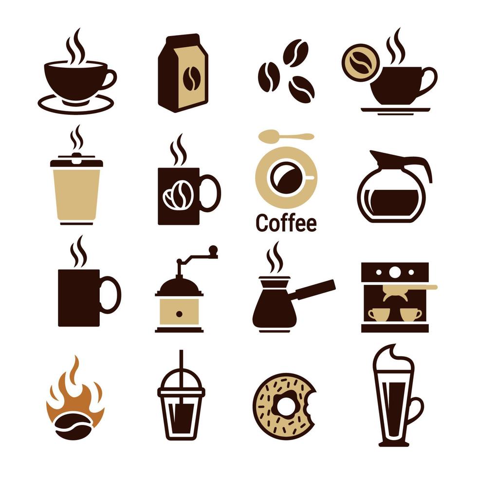conjunto de ícones de café. símbolos de cores marrons em um fundo branco vetor