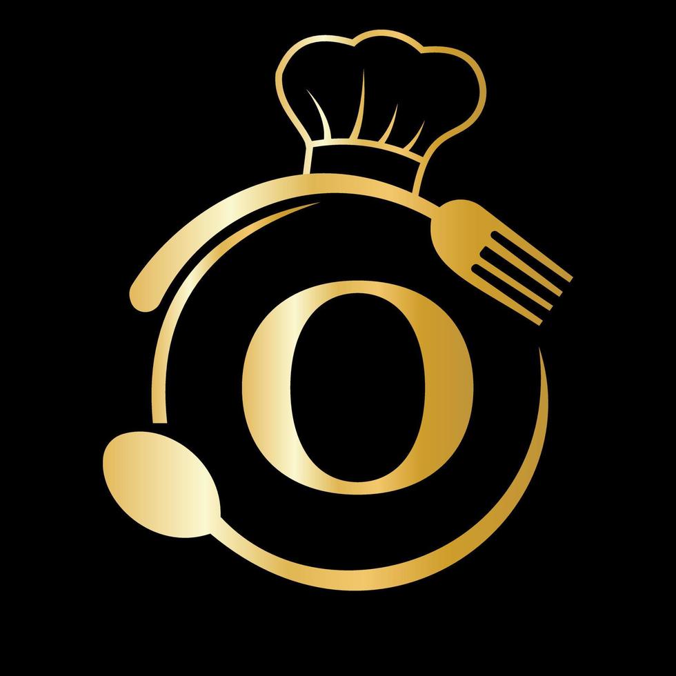 logotipo do restaurante na letra o conceito. chapéu de chef, colher e garfo para o logotipo do restaurante vetor