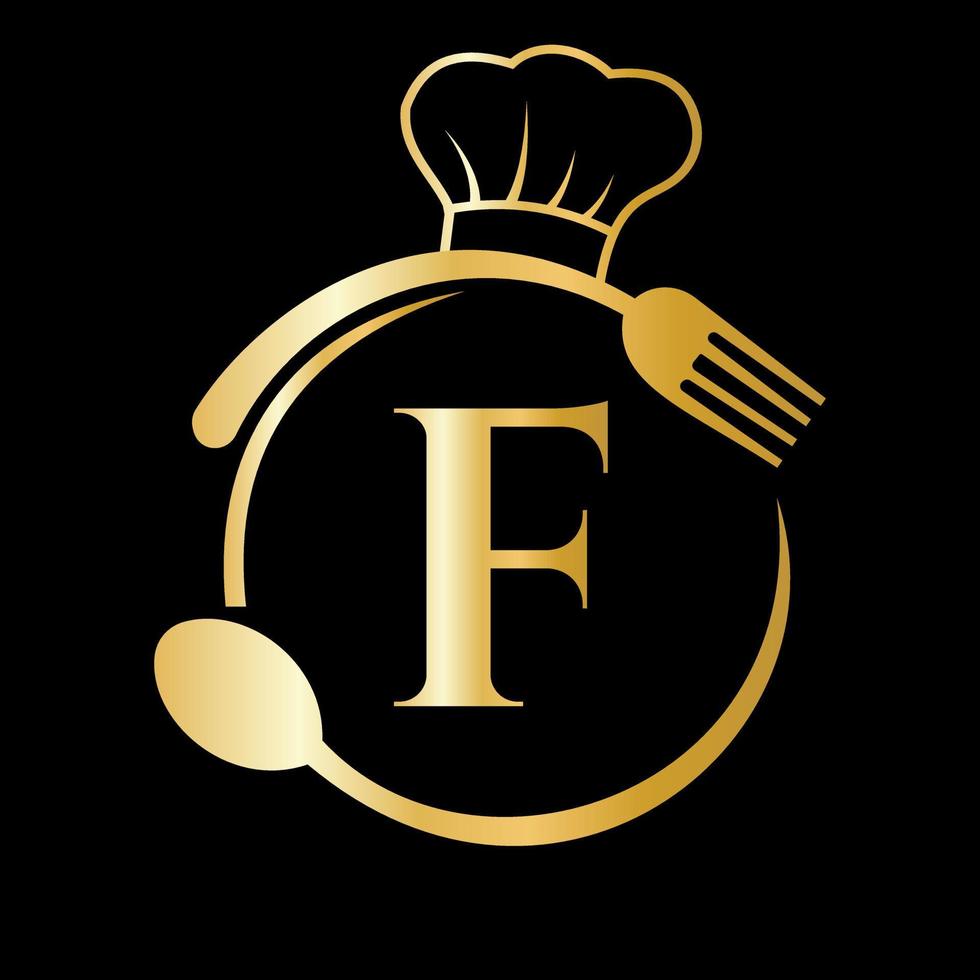 logotipo do restaurante no conceito de letra f. chapéu de chef, colher e garfo para o logotipo do restaurante vetor