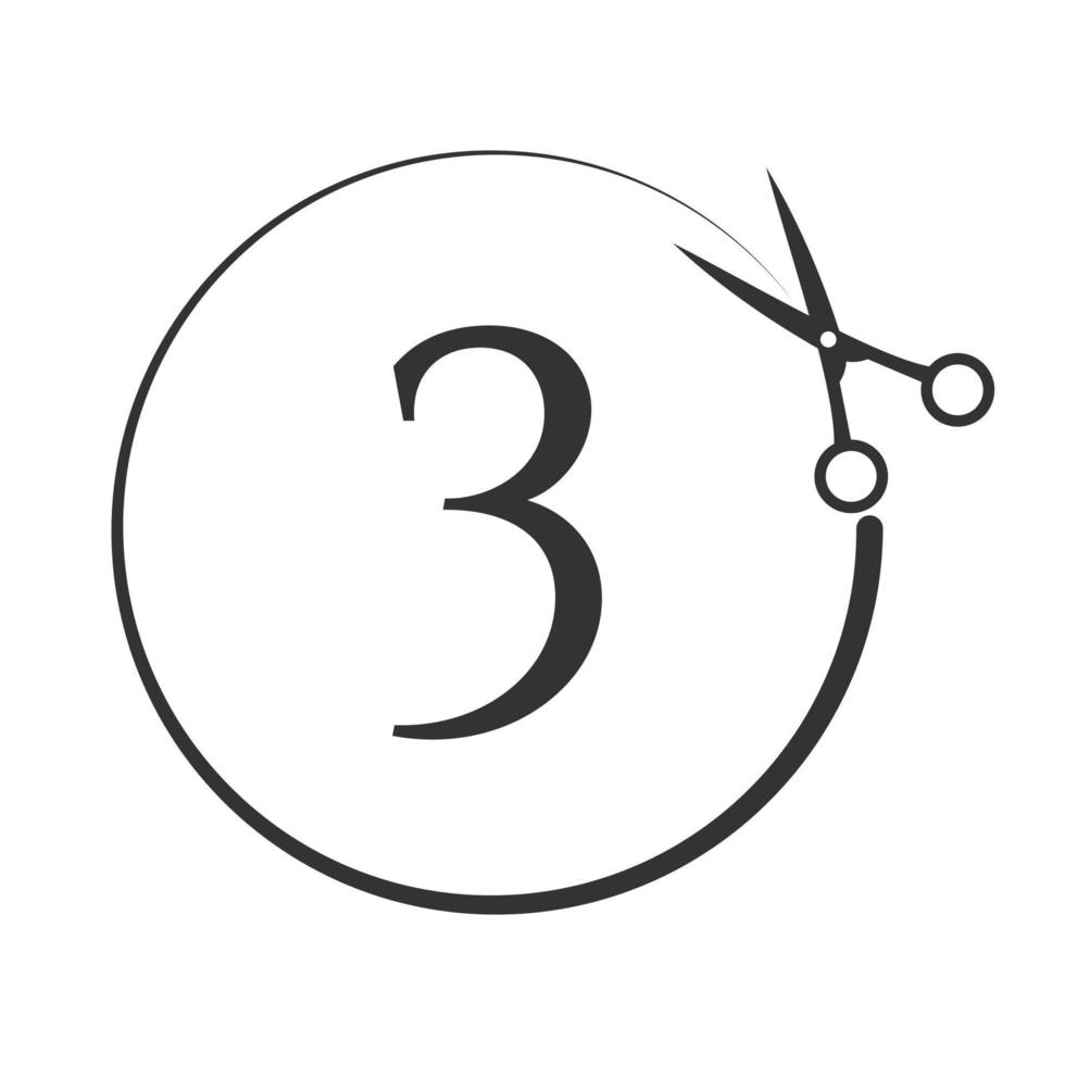 salão de beleza e logotipo de corte de cabelo no sinal da letra 3. ícone de tesoura com conceito de logotipo vetor