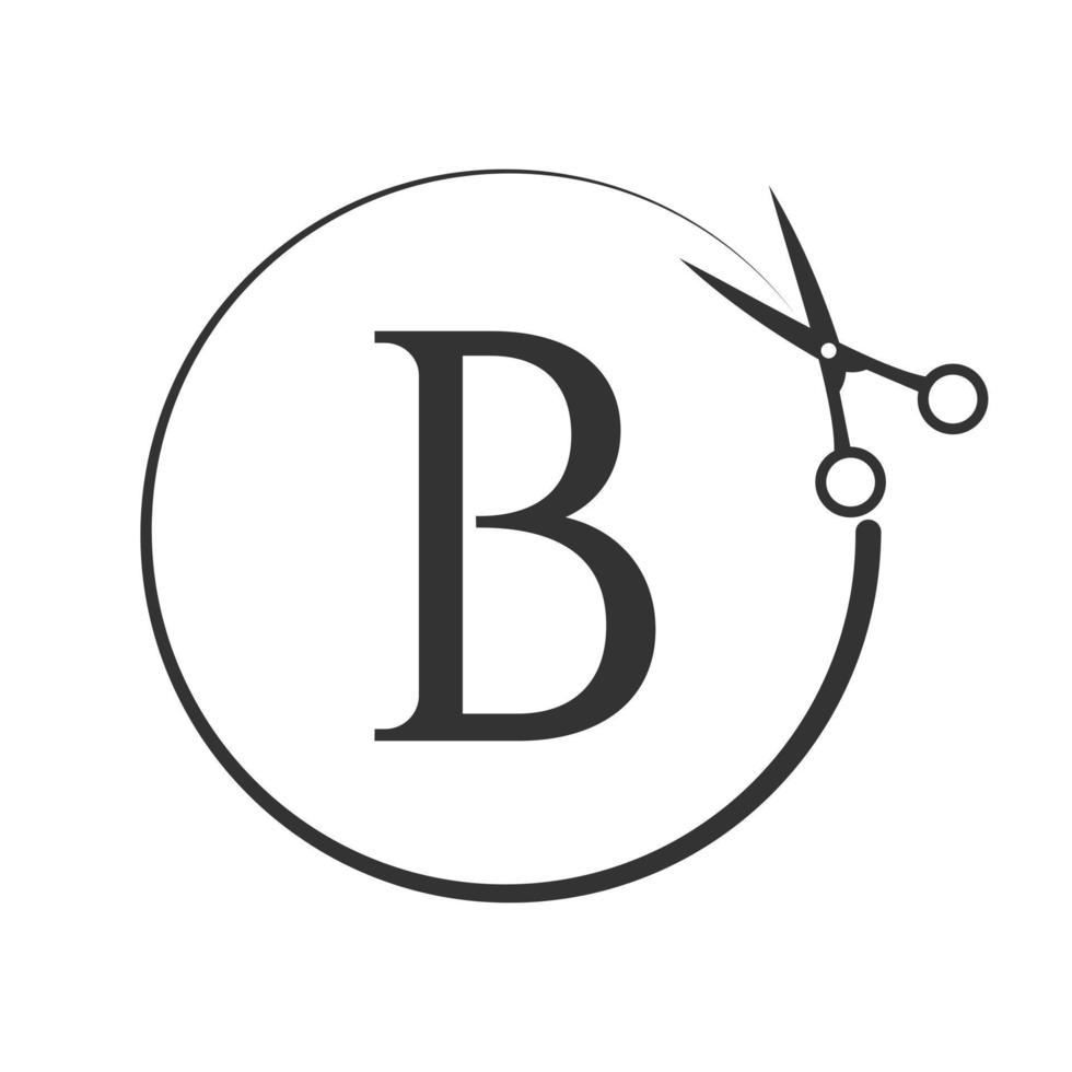 salão de beleza e logotipo de corte de cabelo no sinal da letra b. ícone de tesoura com conceito de logotipo vetor