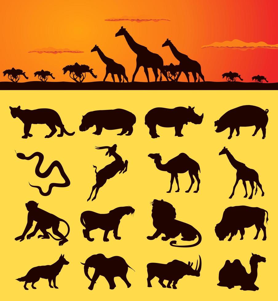 conjunto de silhuetas de animais da África. uma ilustração vetorial vetor