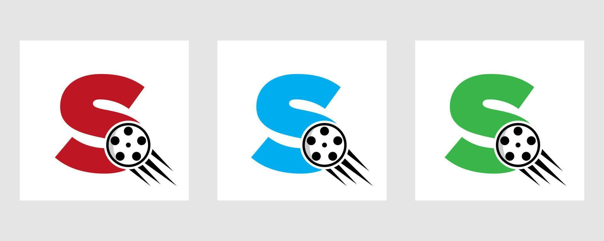 conceito de logotipo de filme de carta com bobina de filme para sinal de mídia, símbolo de diretor de cinema vetor