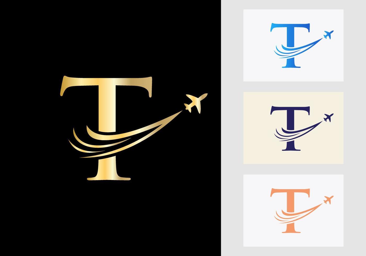 conceito de logotipo de viagem letra t com símbolo de avião voador vetor