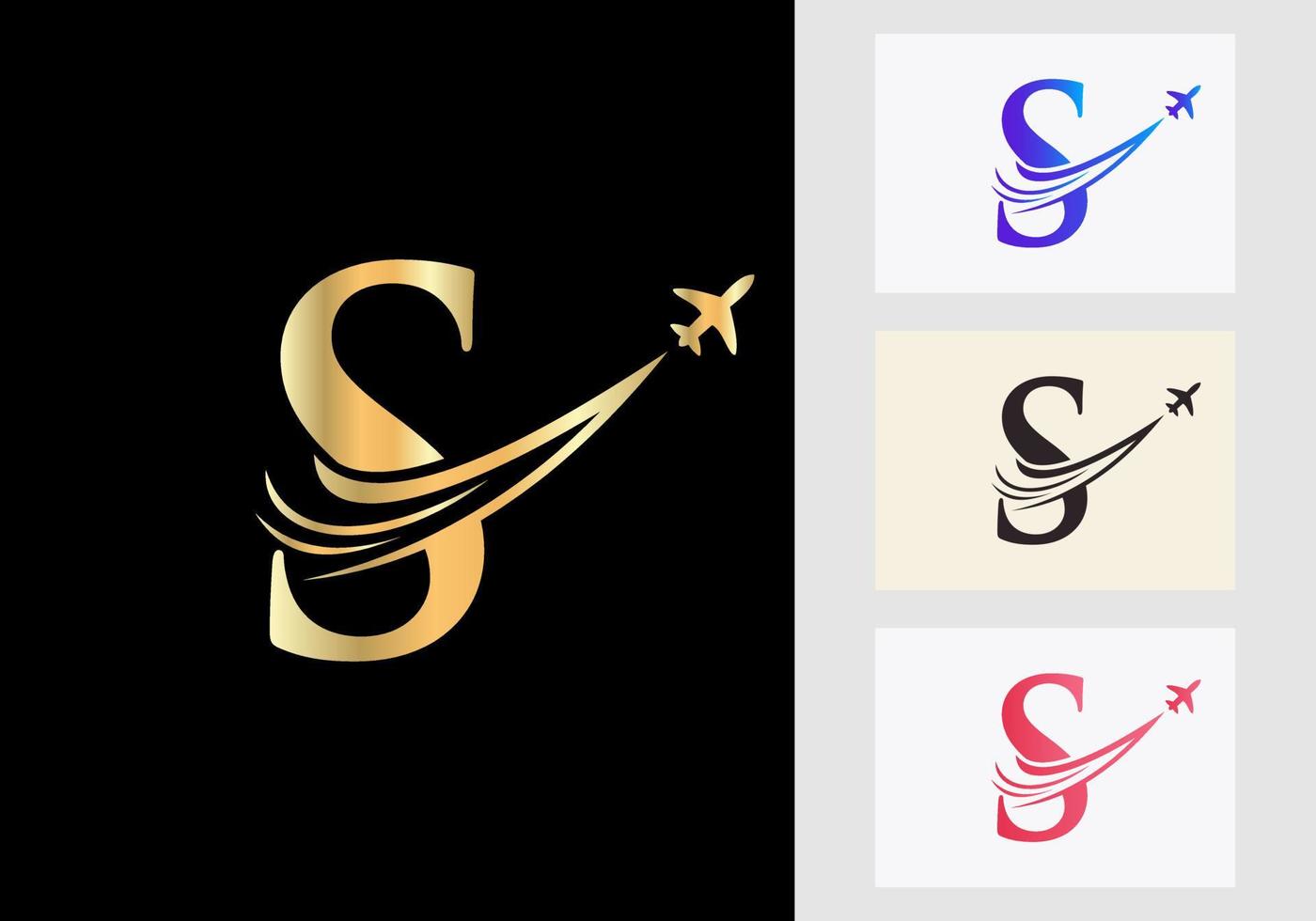 conceito de logotipo de viagem da letra com símbolo de avião voador vetor